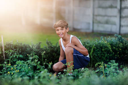 Hes quite resourceful in the garden. Portrait of a young boy gardening outside.の写真素材