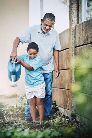 Gardening helps children learn life lessons about kindness and care. Shot of a little boy and his grandfather using watering the garden together outdoors.の写真素材