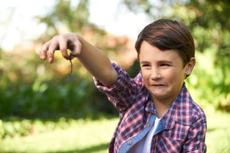 Eww. Shot of a cute little boy holding up an earthworm he found in the garden.の写真素材