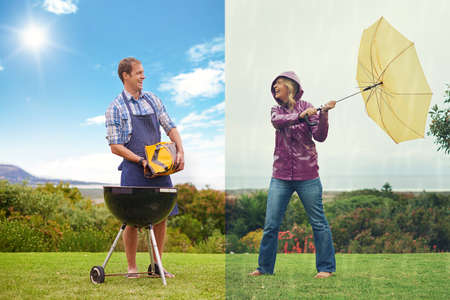 The weather can change in an instant. Composite shot of a man barbequing on a sunny day while a a woman fights against the wind on a rainy day.の写真素材