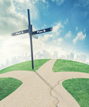 All roads lead to this. Illustration of a road split into directions leading to different plans.の写真素材