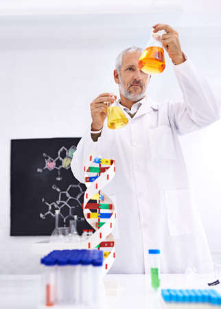 Never a dull moment in this lab. Shot of a mature male scientist examining the results of an experiment in his lab.の写真素材