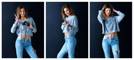 Shes got a easygoing attitude. Multiple image shot of a cute teenage girl posing against a dark...