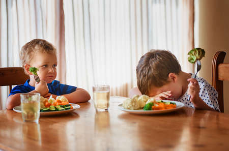 Thats it, were going on a hunger strike. Shot of two unhappy little boys refusing to eat their vegetables at the dinner table.の写真素材
