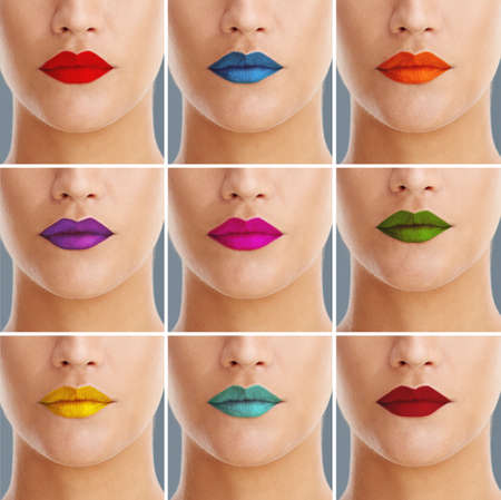 Paint me any colour. Composite shot of a woman wearing a variety of colourful lipsticks.の写真素材