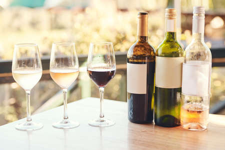 The only way to do wine tasting. Cropped shot of various wines lined up on a table for an outdoors wine tasting.の写真素材