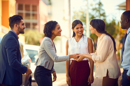 Ready to dive straight in to a new opportunity together. Shot of businesspeople shaking hands while out in the city.の写真素材