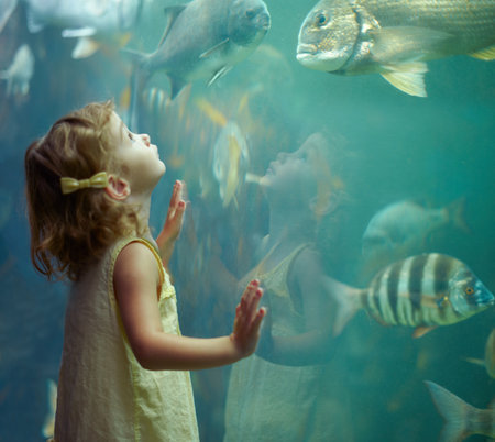 Shes focused on those fish. Cropped shot of a little girl on an outing to the aquarium.の写真素材