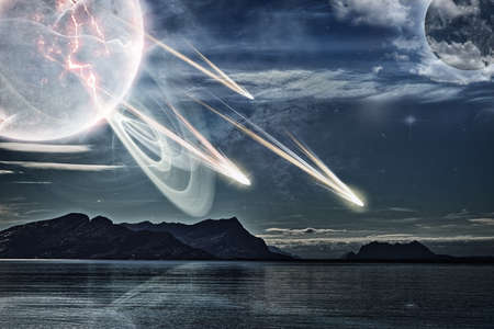 Traversing the galaxy. Tranquil seascape in Norway with a ghostly planet flinging objects onto the...