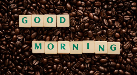 Good coffee equals good vibes. Closeup shot of block letters forming the words good morning on a...