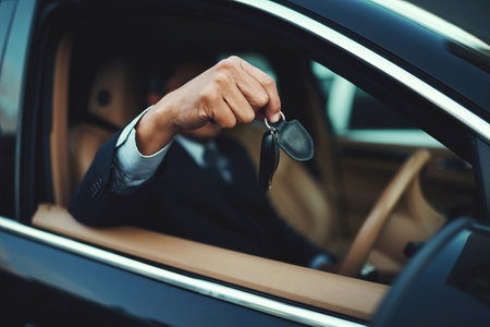 Business success bought him brand new wheels. Shot of a businessman holding the keys to a luxury car.の写真素材