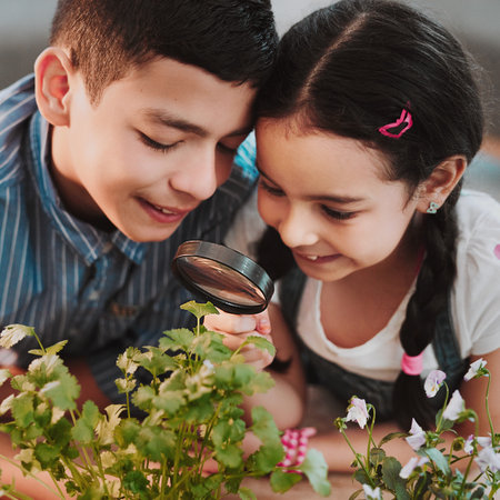 You can see everything so clearly. Cropped shot of two adorable young siblings looking through a magnifying glass while experimenting with plants at home.の写真素材