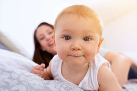 Take a good look because you wont see anything cuter. Shot of a mother spending time with her baby boy.の写真素材