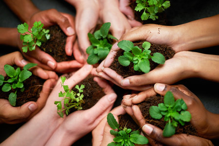 Our precious earth. Shot of a group of people each holding a plant growing in soil.の写真素材