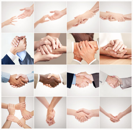 The power of the human touch. A mosaic of different hand gestures between two people.の写真素材