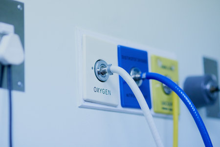 Life depends on it. Shot of tubes connected to an oxygen supply mounted against a hospital wall.の写真素材
