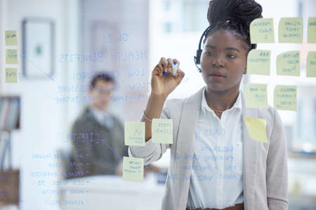 Noting her customers main concerns. Shot of a young businesswoman wearing a headset while brainstorming with notes on a glass wall in an office.の写真素材