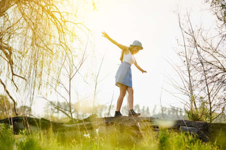 Renewed with the fresh vitality and spirit of nature. Shot of a young woman on a tree stump out in the countryside.の写真素材