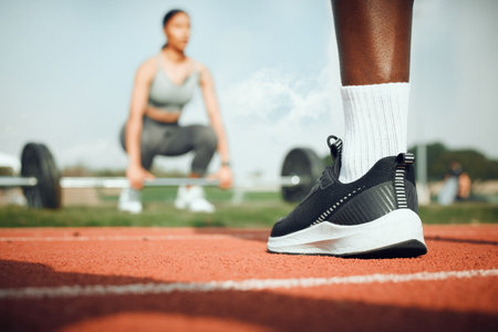 Committed to fitness. Closeup shot of an unrecognizable male athlete standing outside while a woman exercises with weights in the background.の写真素材