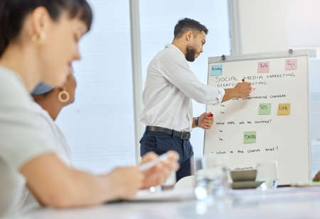 Getting them all on the same page. Cropped shot of a handsome young businessman giving a presentation in the boardroom.の写真素材