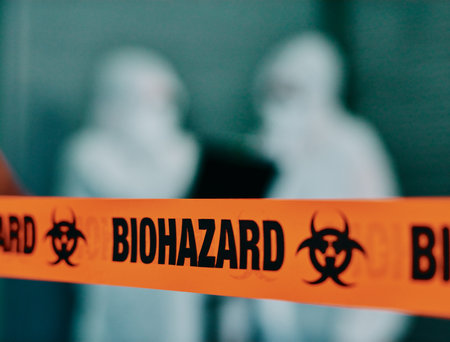 Let the disinfecting begin. Shot of barrier tape surrounding a hazardous area.の写真素材