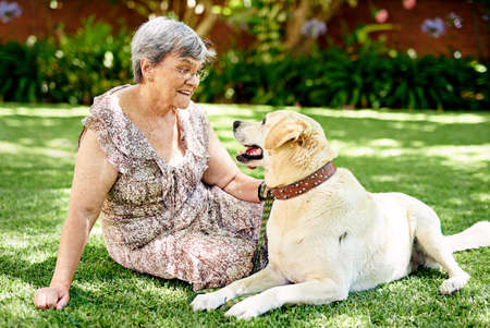 Hes been my companion for years. Shot of a senior woman sitting outside with her dog.の写真素材