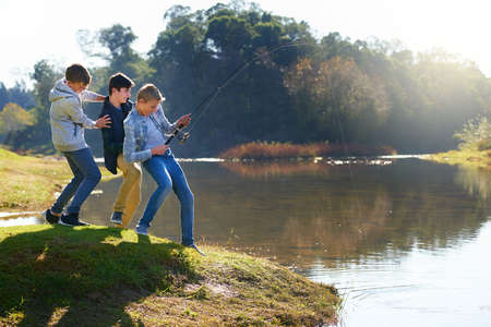 Its a big one. Shot of a group of young boys fishing by a lake.の写真素材