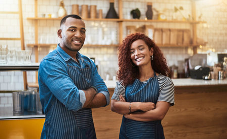 Were ready to make a success of the day. Portrait of two young entrepreneurs standing in their cafe.の写真素材