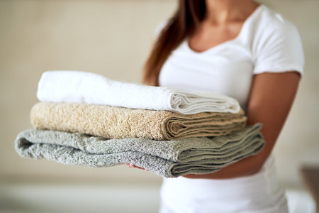 Fluffy comforts. Shot of an unidentifiable woman holding a pile of clean towels.の写真素材