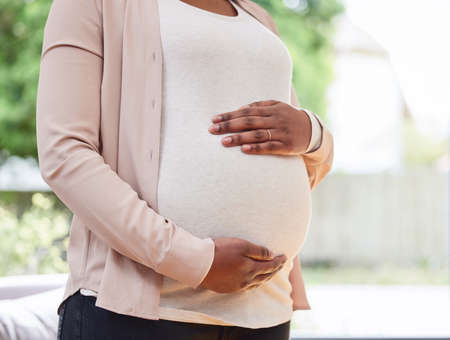 A handful of joy. Cropped shot of an unrecognizable mother to be standing in her living room at...