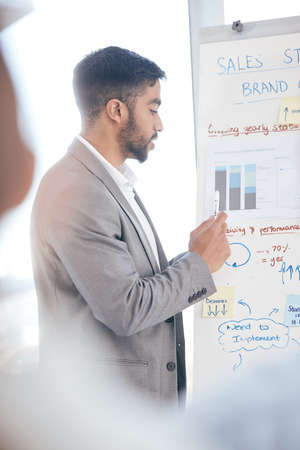 This is how were doing. Shot of a young businessman doing a presentation at work.