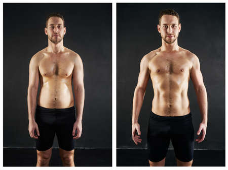 Before and after. Before and after shot of a shirtless young man posing against a dark background.の写真素材