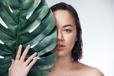 Turn to nature for its wellbeing benefits. Studio shot of a beautiful young woman holding a monstera leaf against her face.の写真素材