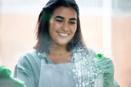 I want my home sparkling from top to bottom. Shot of a young woman cleaning her windows.