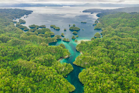 The ocean lies at the end of the canal. High angle shot of a little islets and islands in the middle of Indonesia.の写真素材