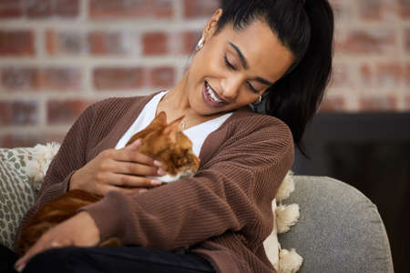 Happiness is having a cat as a friend. Shot of a young woman bonding with her cat while sitting at home.