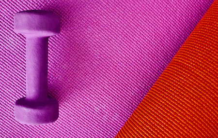 There you are. High angle shot of a single lightweight dumbbell placed on top of a colourful...
