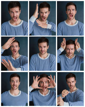 The many sides of me. Composite shot of a young man pulling funny faces in studio.の写真素材