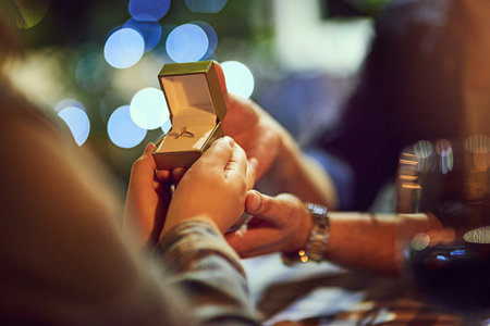 The perfect way to end the night. Cropped shot of a man proposing to his girlfriend.