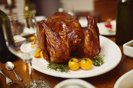 Tastes like Christmas. Closeup shot of a turkey on a dining table.の写真素材