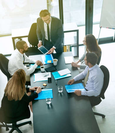 Im happy to roll out this new information to everybody. Shot of a team of executives having a formal...