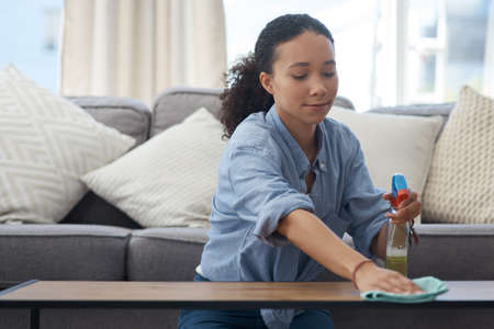 This spray is really good at protecting wood. Shot of a young woman cleaning down her wood coffee...
