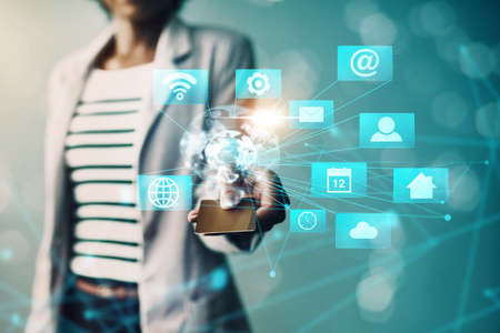 Consumer and business woman using a credit card for instant access to digital banking, internet...