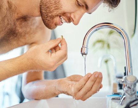 One handsome man taking a tablet in a bathroom at home. Caucasian male taking a vitamin or supplement for energy in his apartment.の写真素材