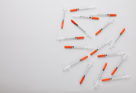 High angle shot of needles in an empty studio.の写真素材
