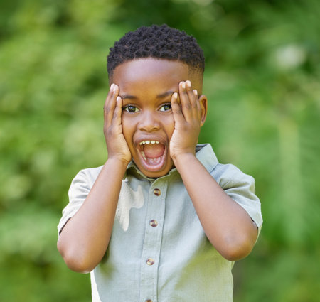 Shot of an adorable little boy looking surprised while standing outside.の写真素材