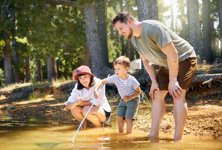 Here fishy fishy.... Shot of a happy family playing with a fishing net at a lake in a forest.の写真素材