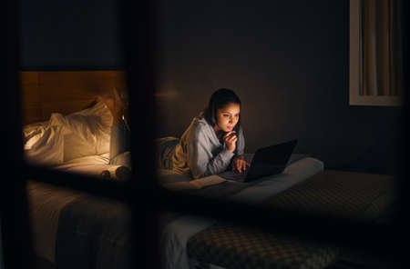 A little late night research. Cropped shot of an attractive young woman studying late at night in...