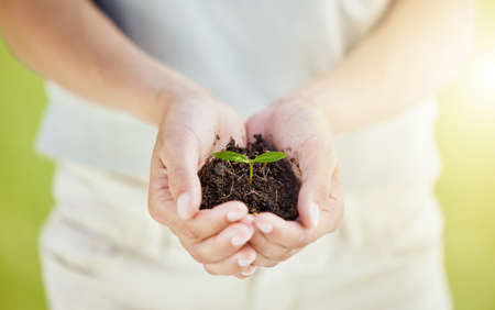 Its growing. Cropped shot of a man holding a plant growing out of soil.