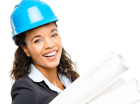 Shot of a young african businesswoman working in construction against a studio backgroun.